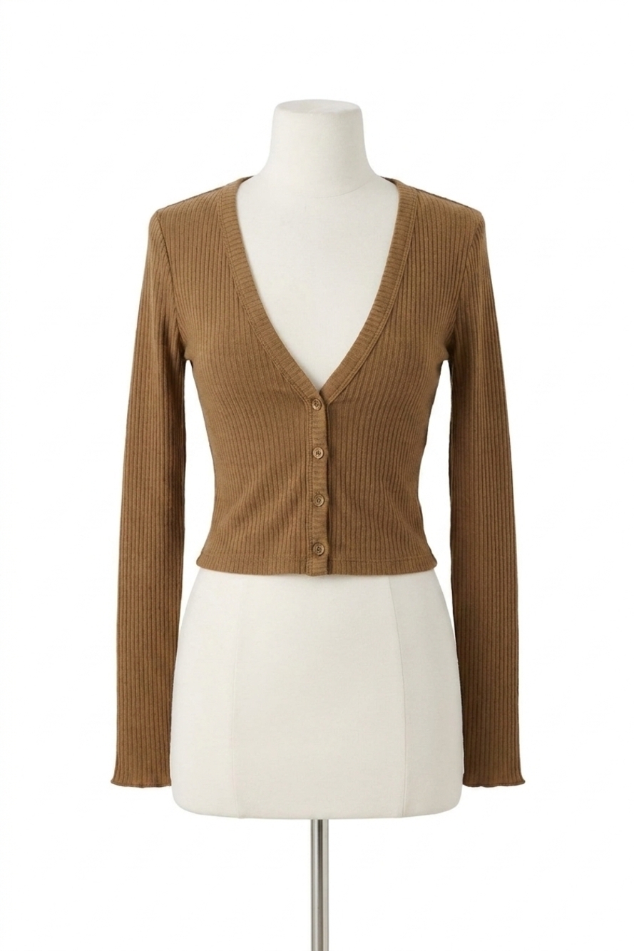 NEW GOOD AMERICAN essential rib cardigan sweater in sepia